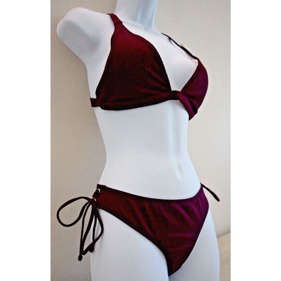 Pink x Victoria's Secret Swim Sz M Burgundy Lace-Up Top & Cheeky Bikini Set - Picture 3 of 12